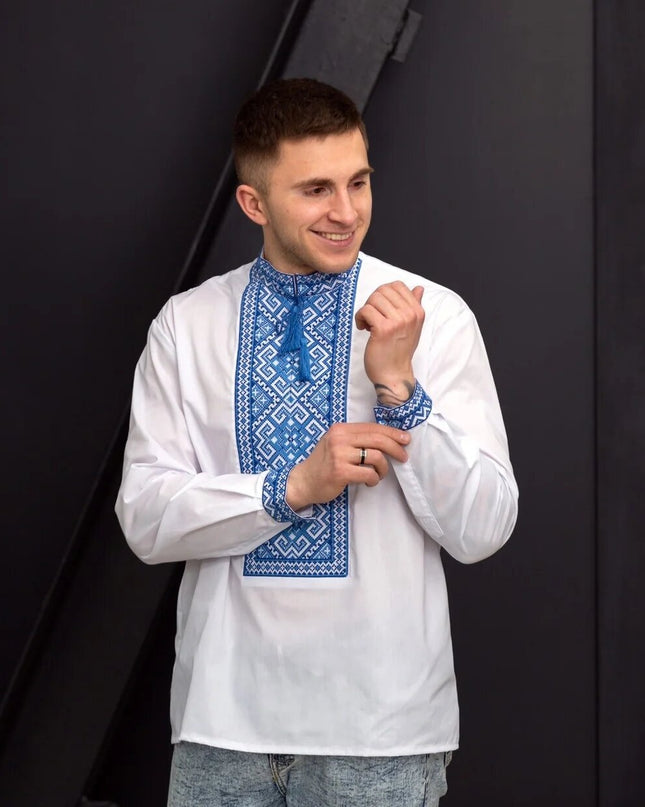 White shirt with blue ornament