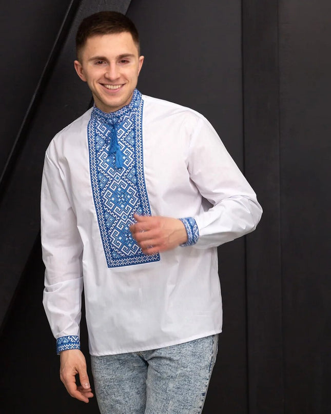 White shirt with blue ornament