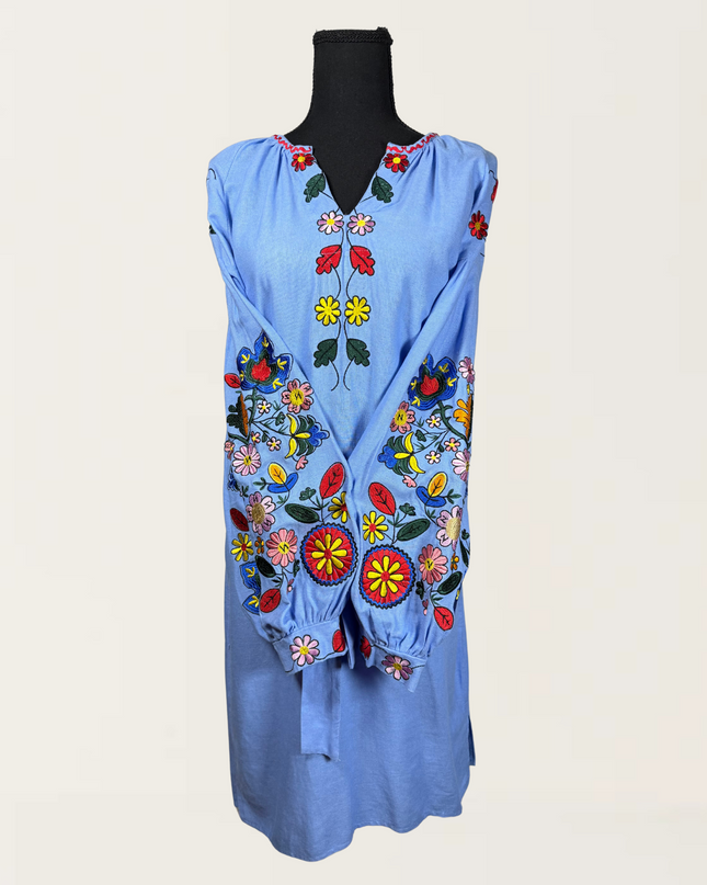 Blue dress with colorful embroidery