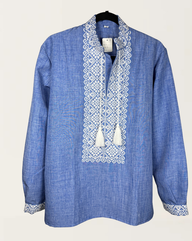 "Bohdan" blue shirt with white embroidery
