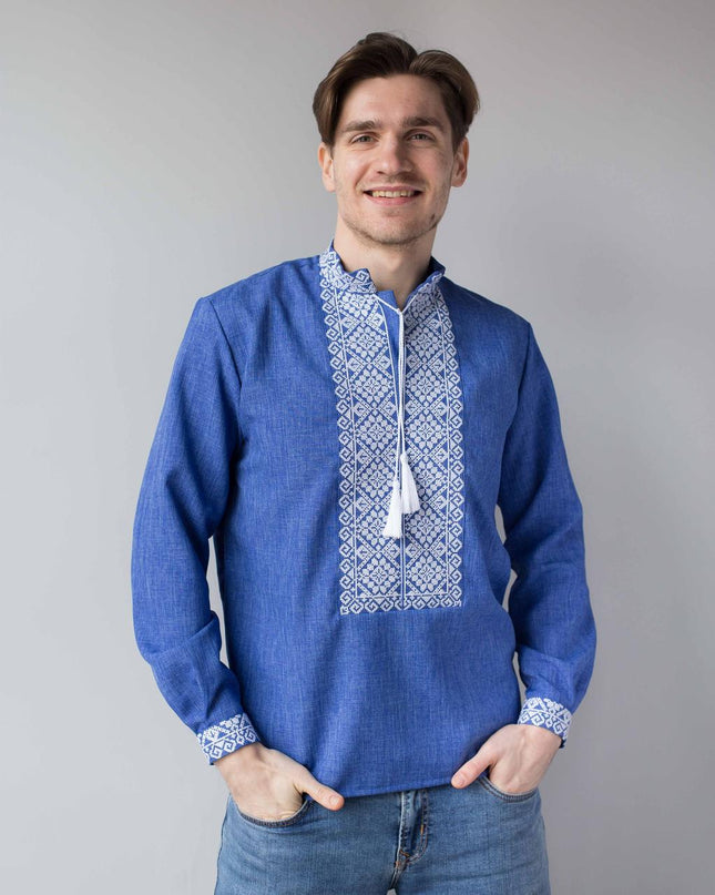 "Bohdan" blue shirt with white embroidery