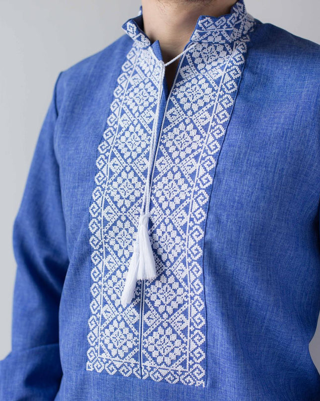 "Bohdan" blue shirt with white embroidery