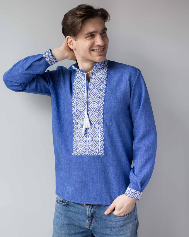 "Bohdan" blue shirt with white embroidery