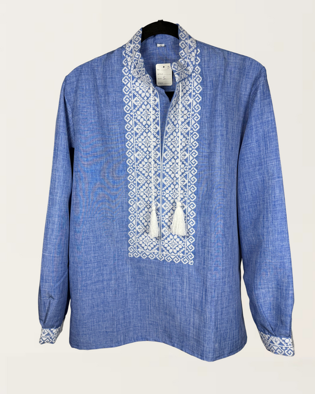 "Bohdan" blue shirt with white embroidery
