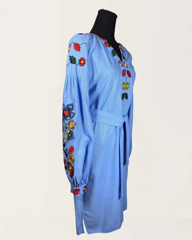 Blue dress with colorful embroidery