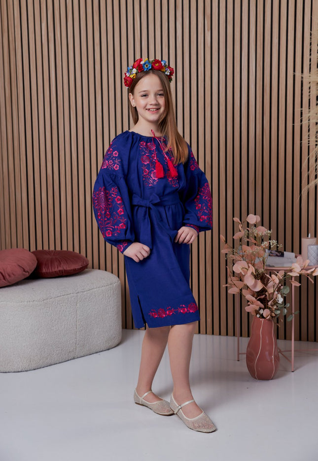 "Khmelnychanka" girl blue dress with red flowers