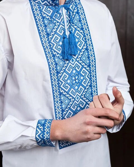 White shirt with blue ornament