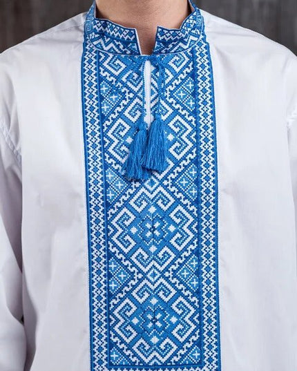 White shirt with blue ornament