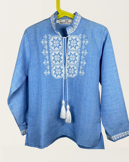 Boy blue shirt with cross embroidery