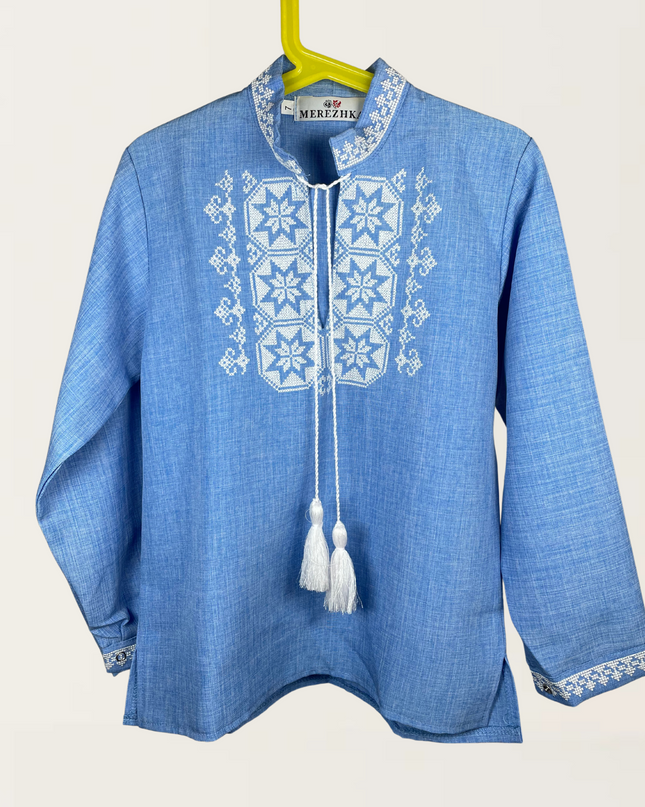 Boy blue shirt with cross embroidery