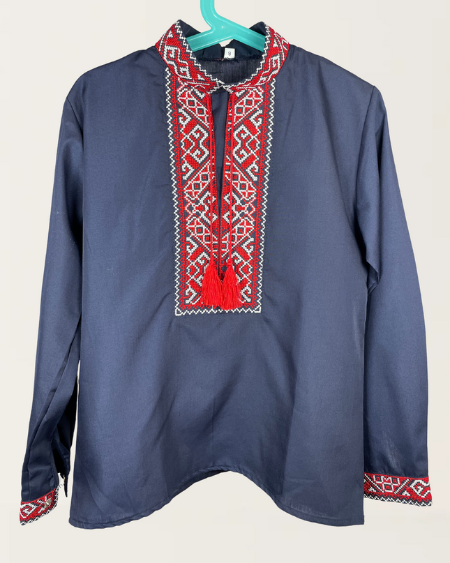 Boy dark blue shirt with red cross embroidery