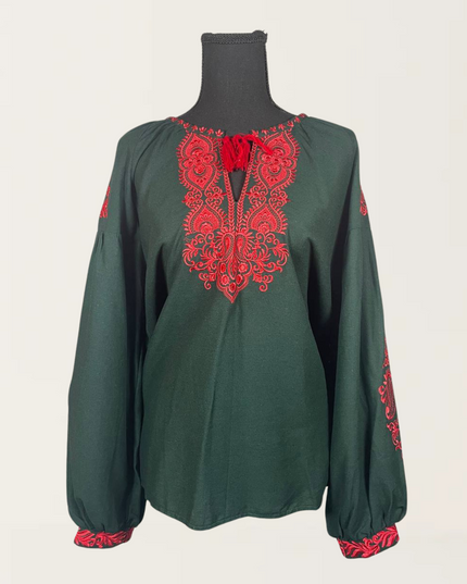 Dark green blouse with red embroidery