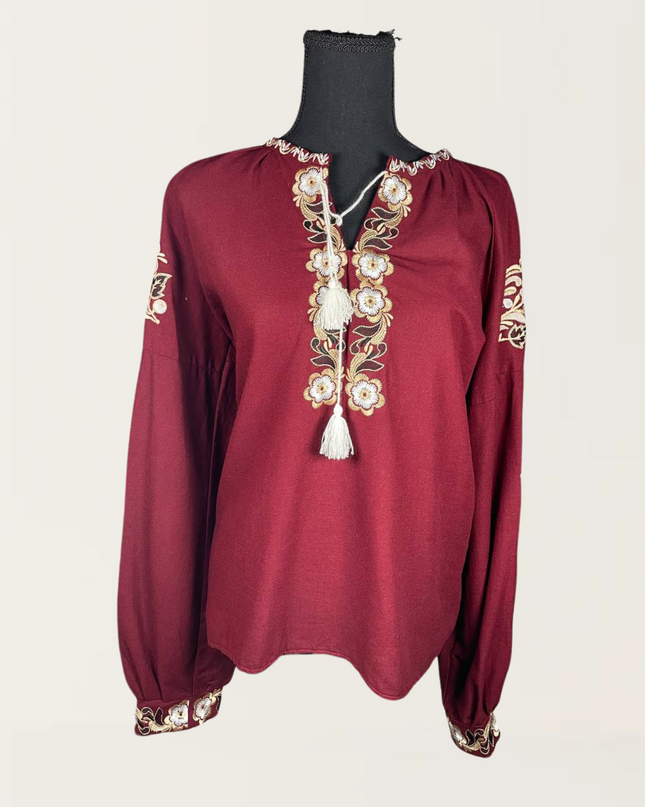Maroon blouse with flowers