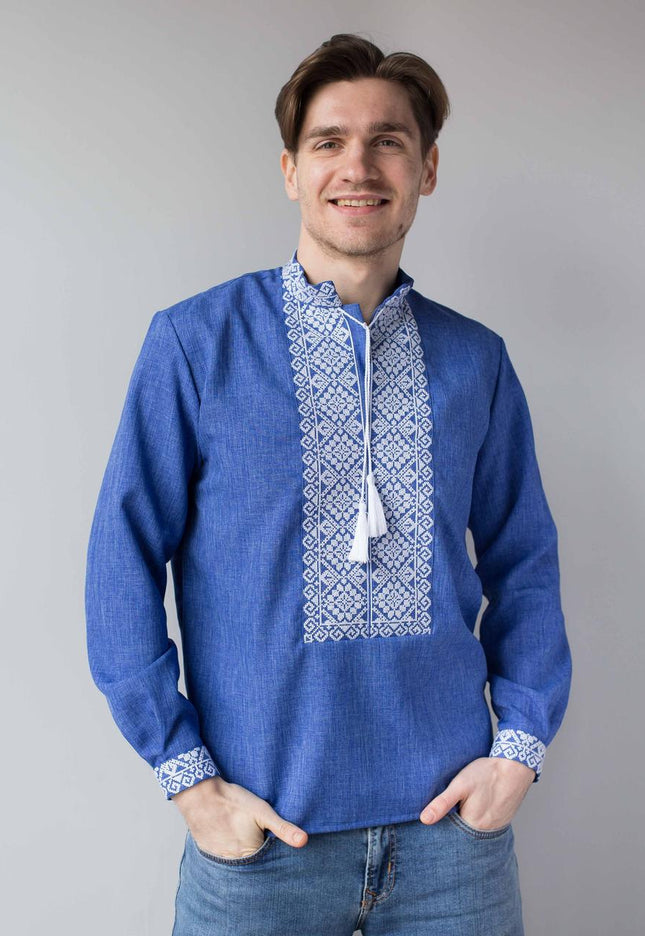"Bohdan" blue shirt with white embroidery