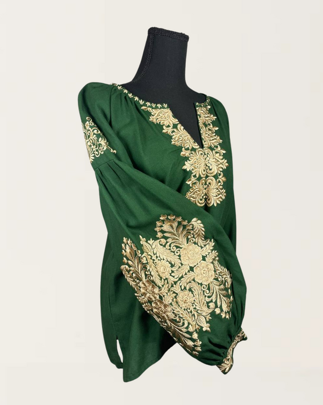 Elegant green blouse with luxurious gold embroidery, featuring a stylish design and comfortable fit.
