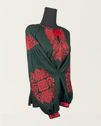 Dark green blouse with red embroidery