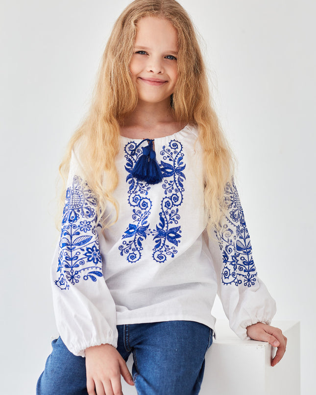 "Ornament" white blouse with blue embroidery