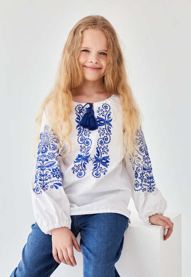 "Ornament" white blouse with blue embroidery