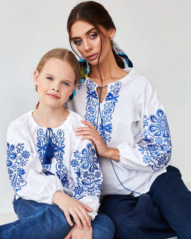 "Ornament" white blouse with blue embroidery
