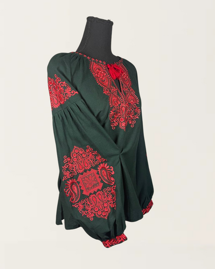 Dark green blouse with red embroidery