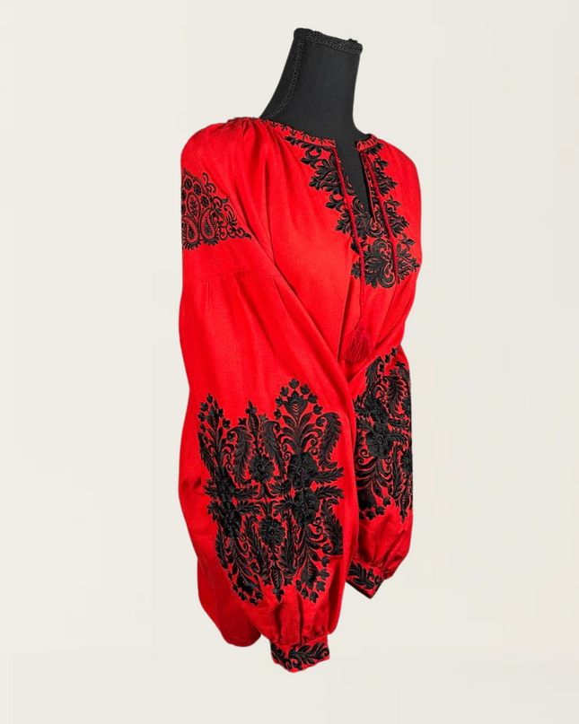 Red blouse featuring intricate black embroidery, displaying a stylish and elegant design for casual or formal wear.
