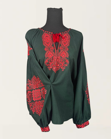 Dark green blouse with red embroidery