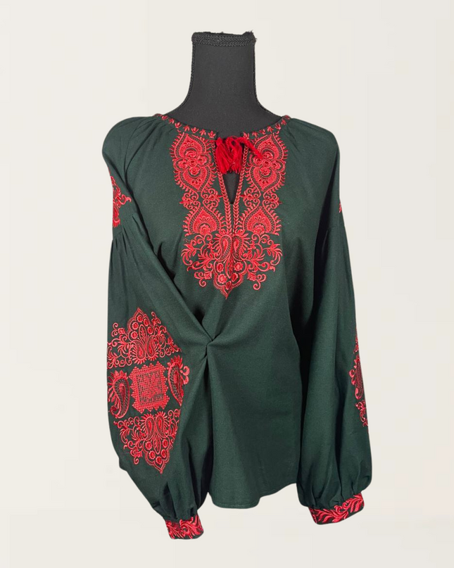 Dark green blouse with red embroidery