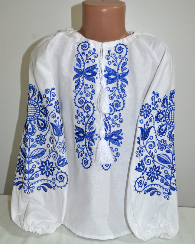 "Ornament" white blouse with blue embroidery
