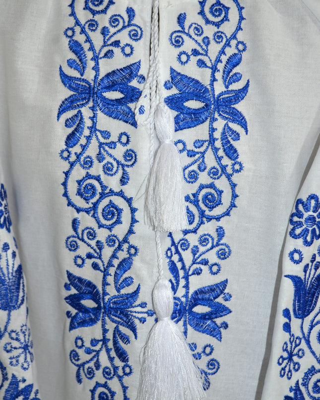 "Ornament" white blouse with blue embroidery