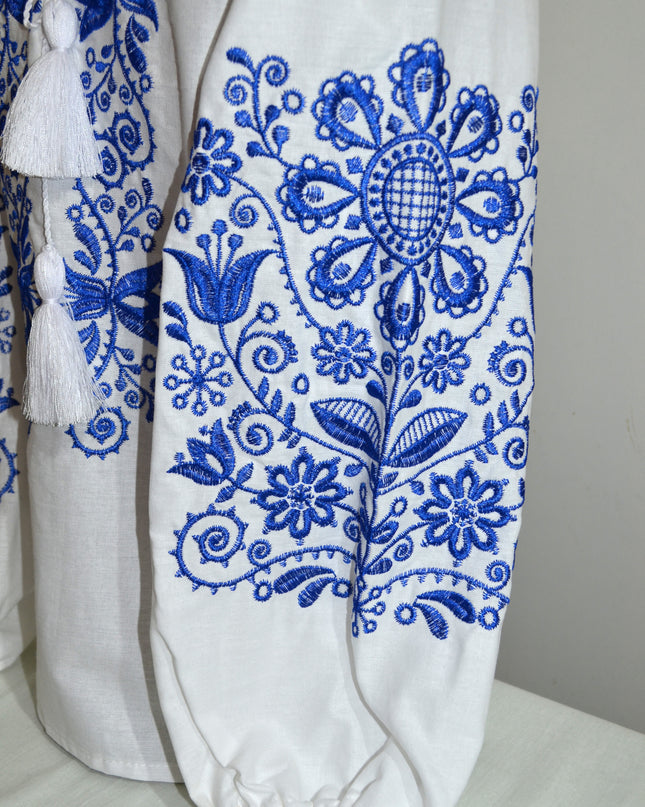 "Ornament" white blouse with blue embroidery