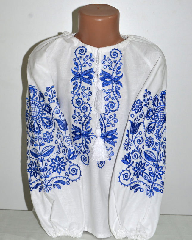 "Ornament" white blouse with blue embroidery
