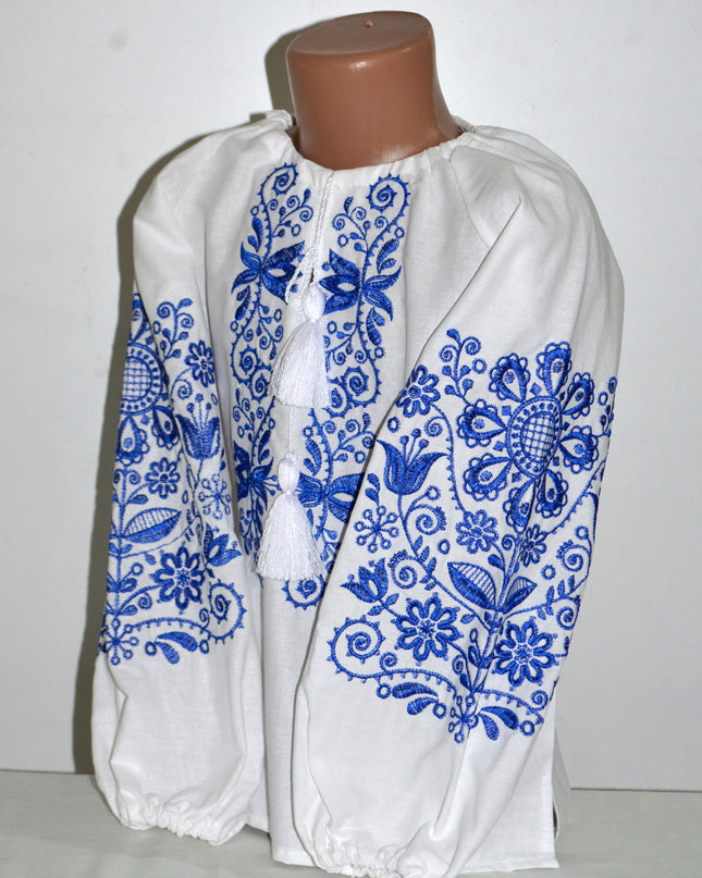 "Ornament" white blouse with blue embroidery