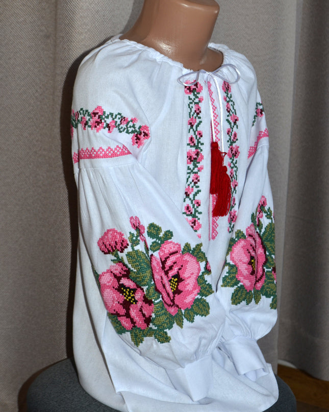"Khmelnychanka" white blouse with pink flowers