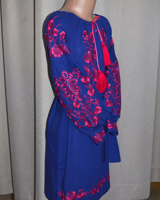 "Khmelnychanka" girl blue dress with red flowers