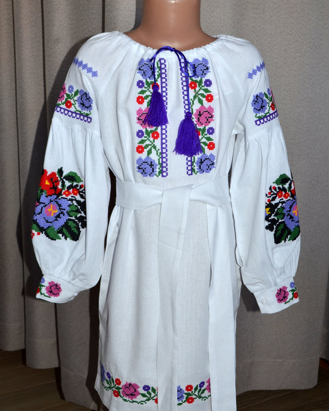 "Khmelnychanka" girl white dress with pink violet flowers