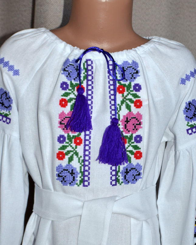 "Khmelnychanka" girl white dress with pink violet flowers
