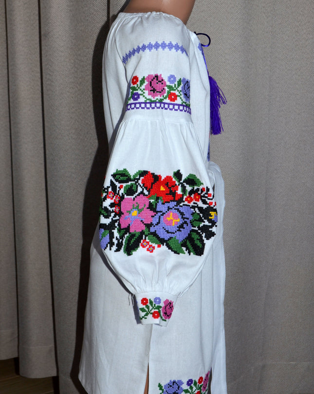 "Khmelnychanka" girl white dress with pink violet flowers