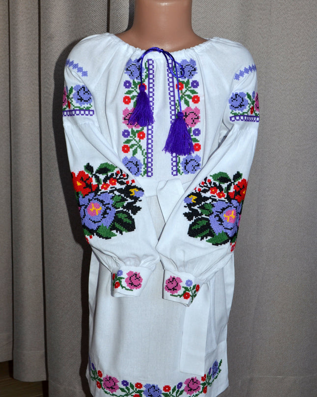 "Khmelnychanka" girl white dress with pink violet flowers