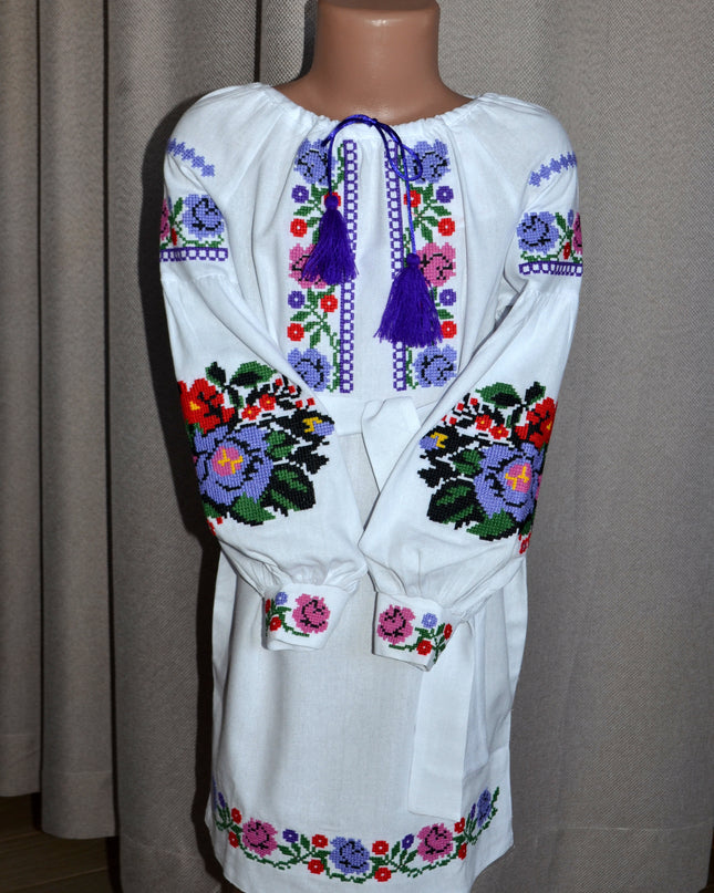 "Khmelnychanka" girl white dress with pink violet flowers