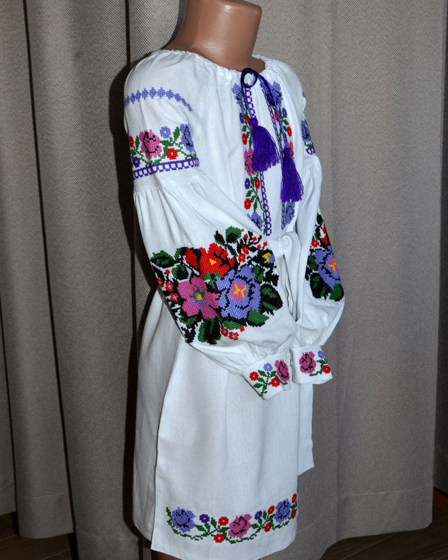 "Khmelnychanka" girl white dress with pink violet flowers