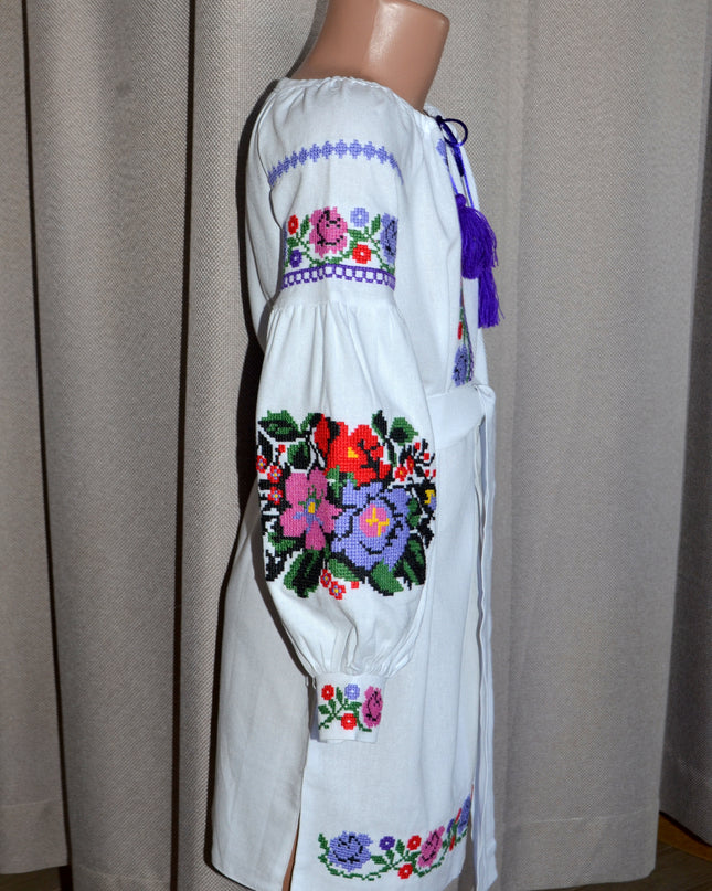 "Khmelnychanka" girl white dress with pink violet flowers