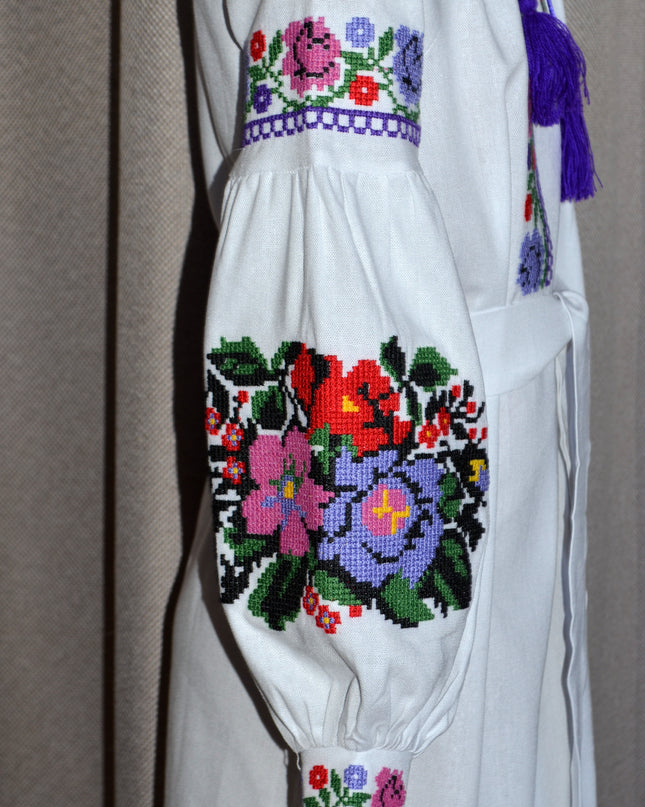 "Khmelnychanka" girl white dress with pink violet flowers