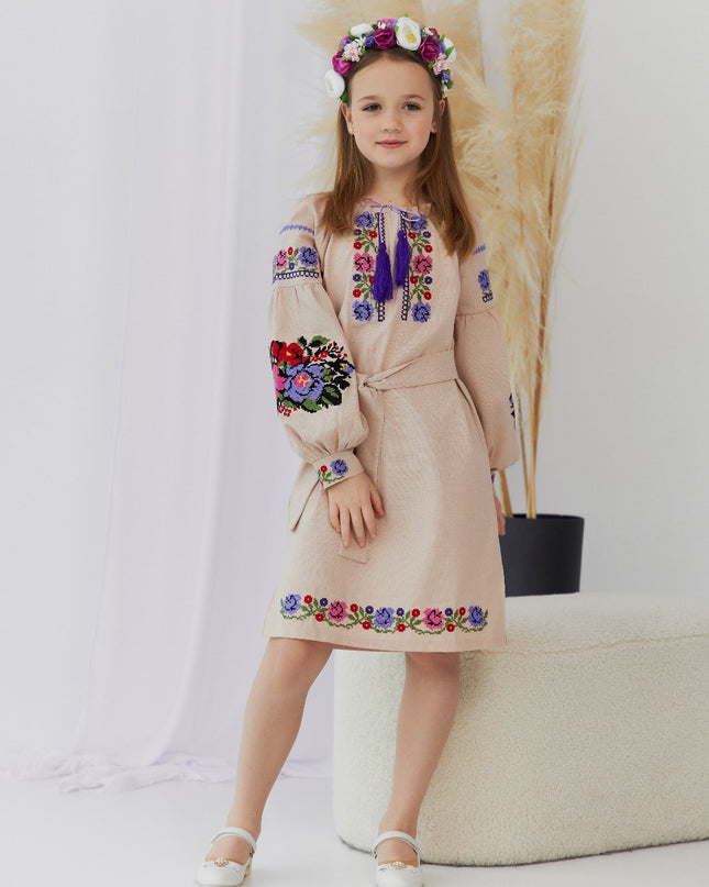 "Khmelnychanka" girl beige dress with pink violet flowers