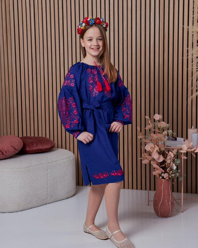 "Khmelnychanka" girl blue dress with red flowers