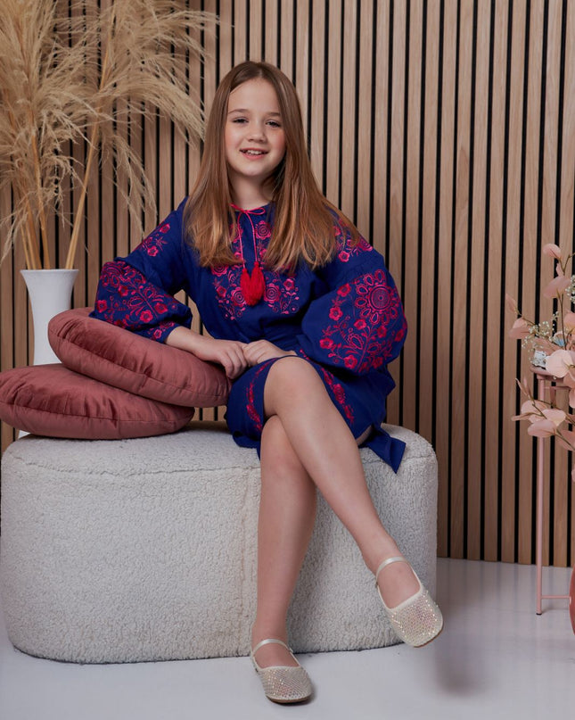 "Khmelnychanka" girl blue dress with red flowers