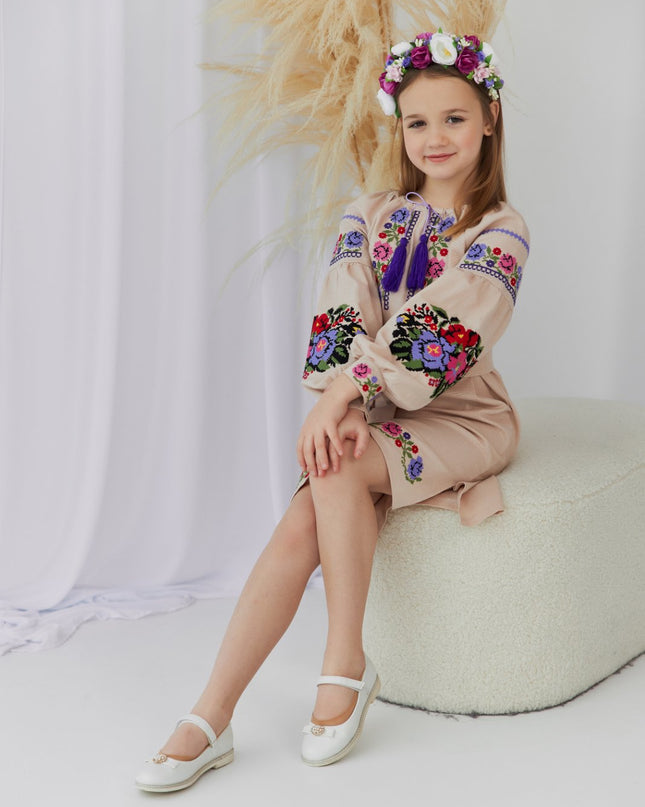 "Khmelnychanka" girl beige dress with pink violet flowers